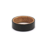 geometric pattern mens wedding ring with oak wood sleeve flat view