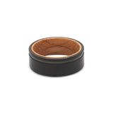 whiskey barrel and tungsten mens wedding ring with groove flat view