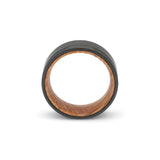 whiskey barrel and tungsten mens wedding ring with groove top view