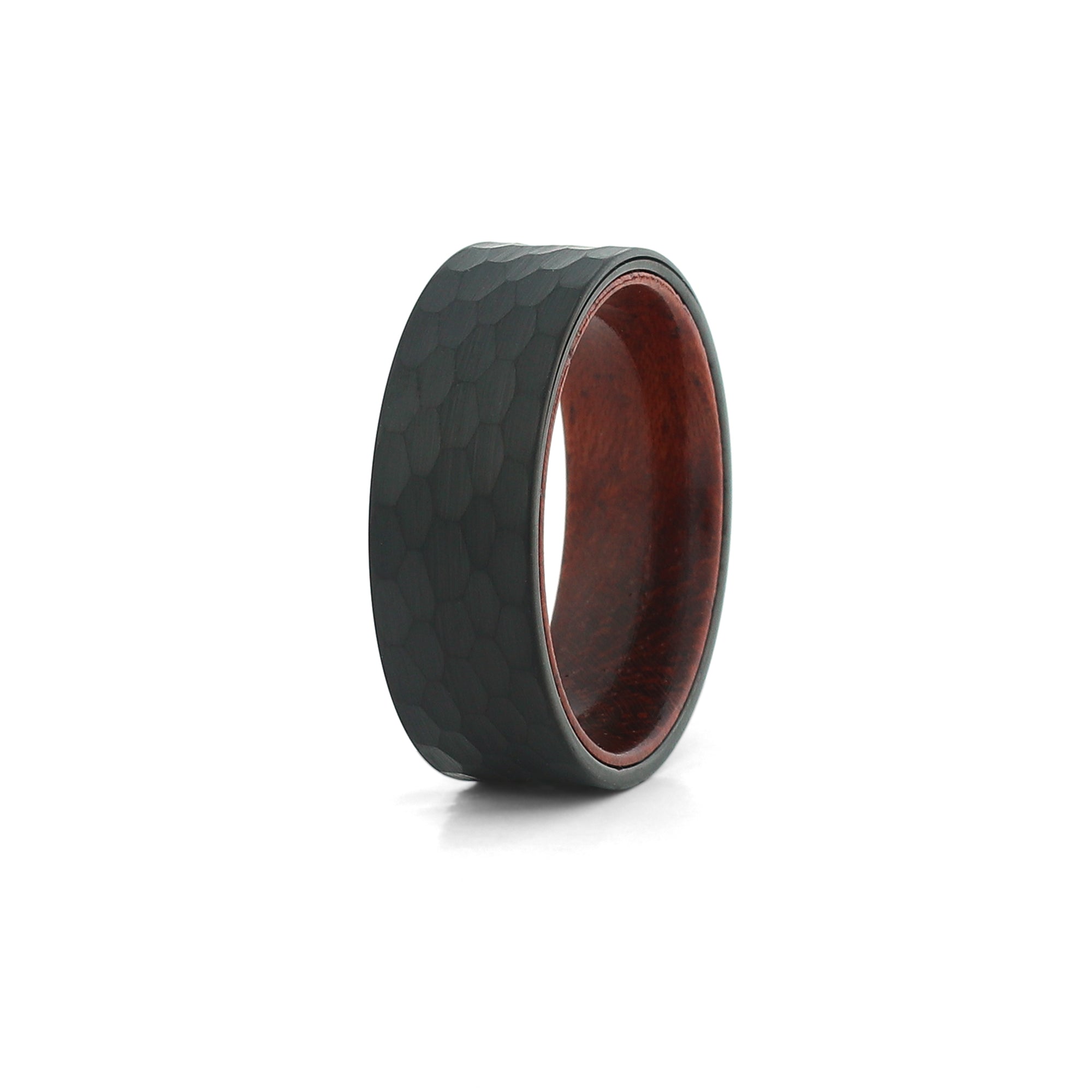mens wooden wedding band hammered black tungsten

