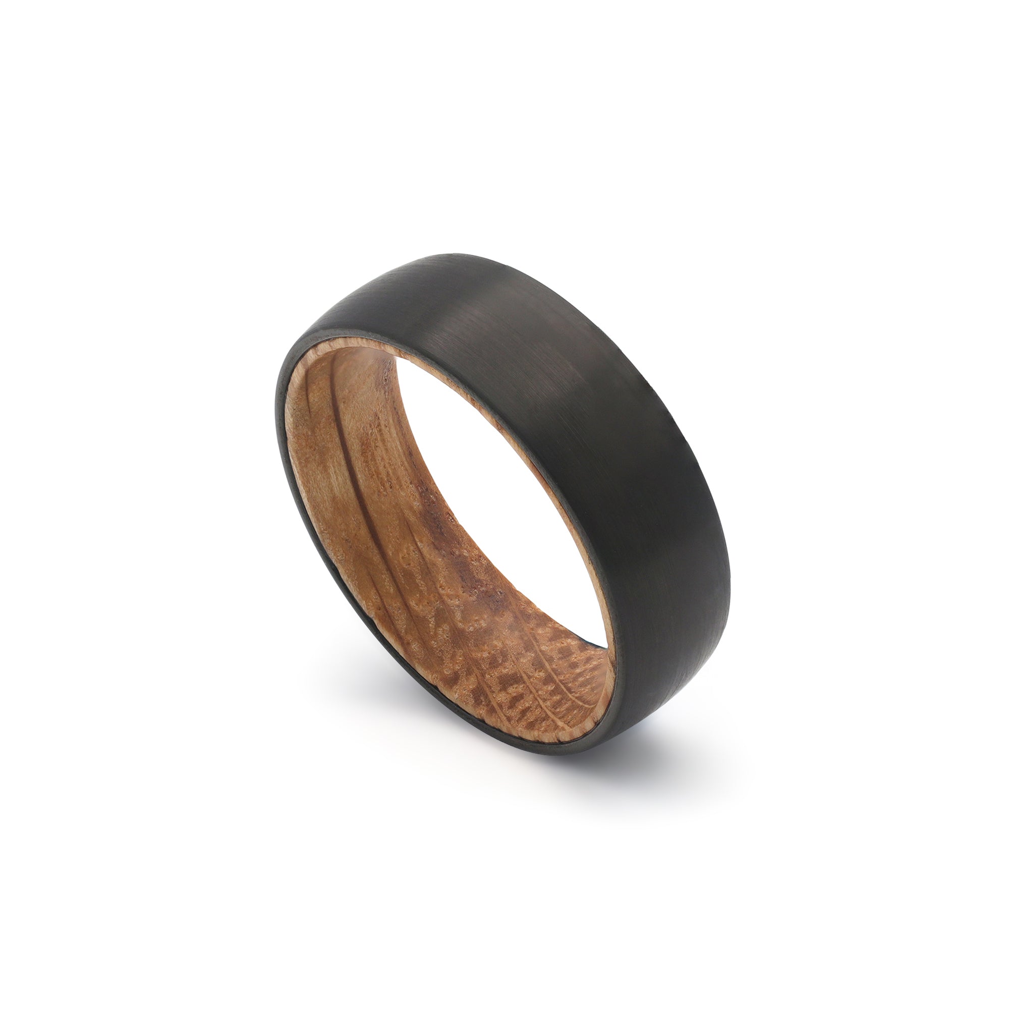 dome shape tungsten and oak mens wedding ring reverse view