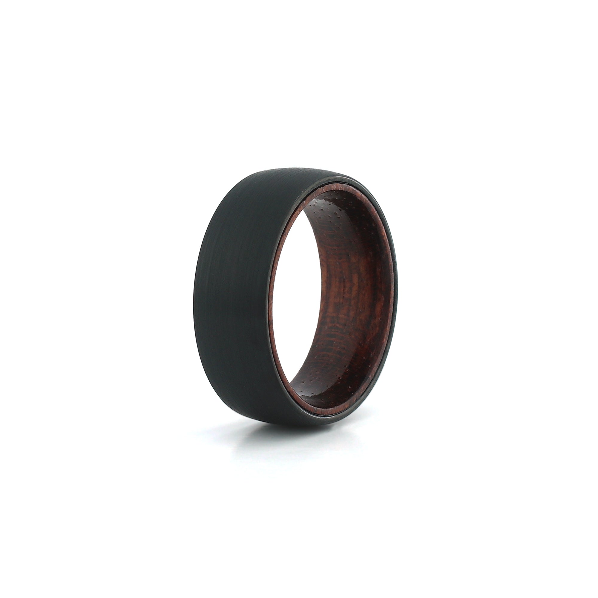 black tungsten mens wooden wedding band with rose wood
