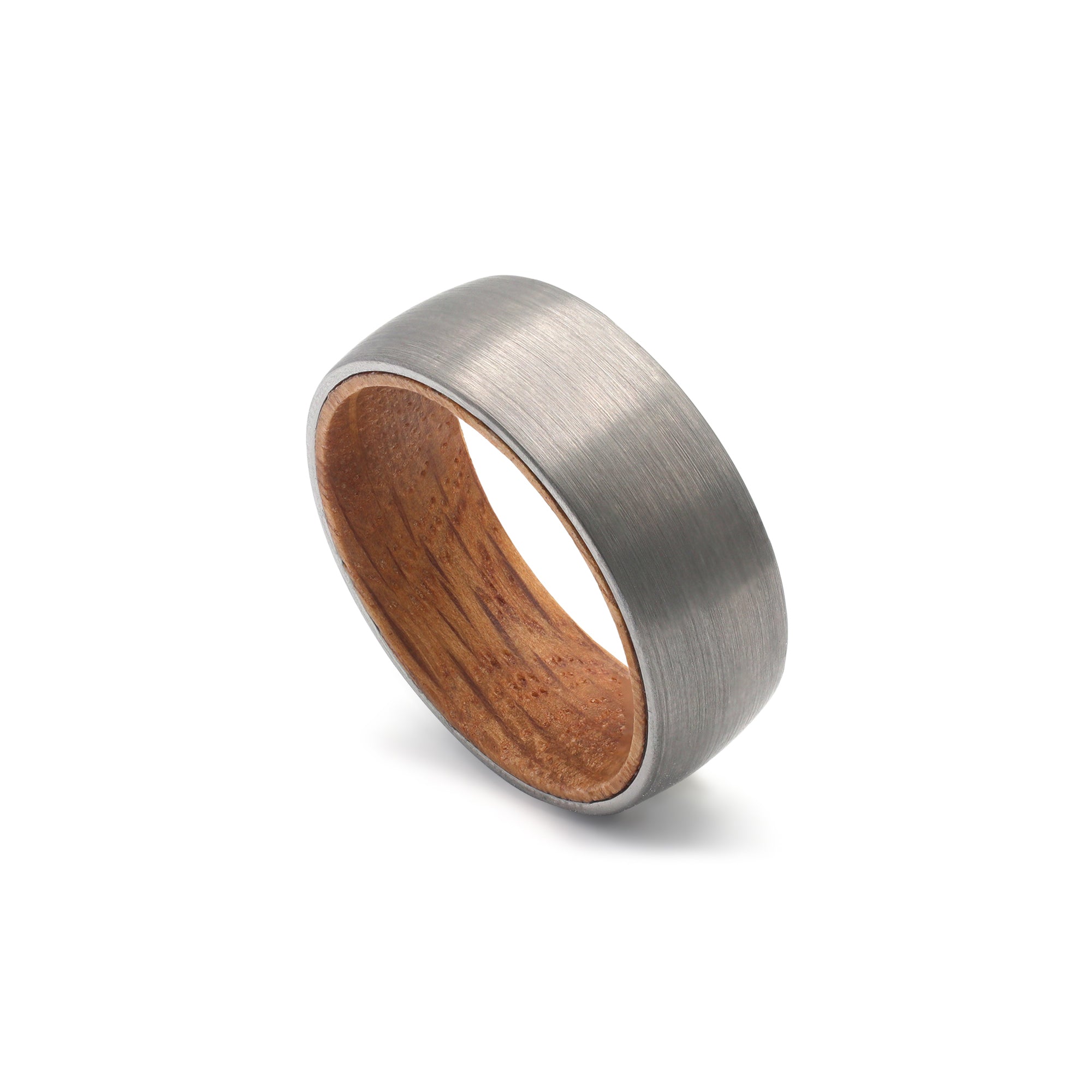 reverse view of a mens brushed silver tungsten wedding ring with whiskey barrel wood sleeve