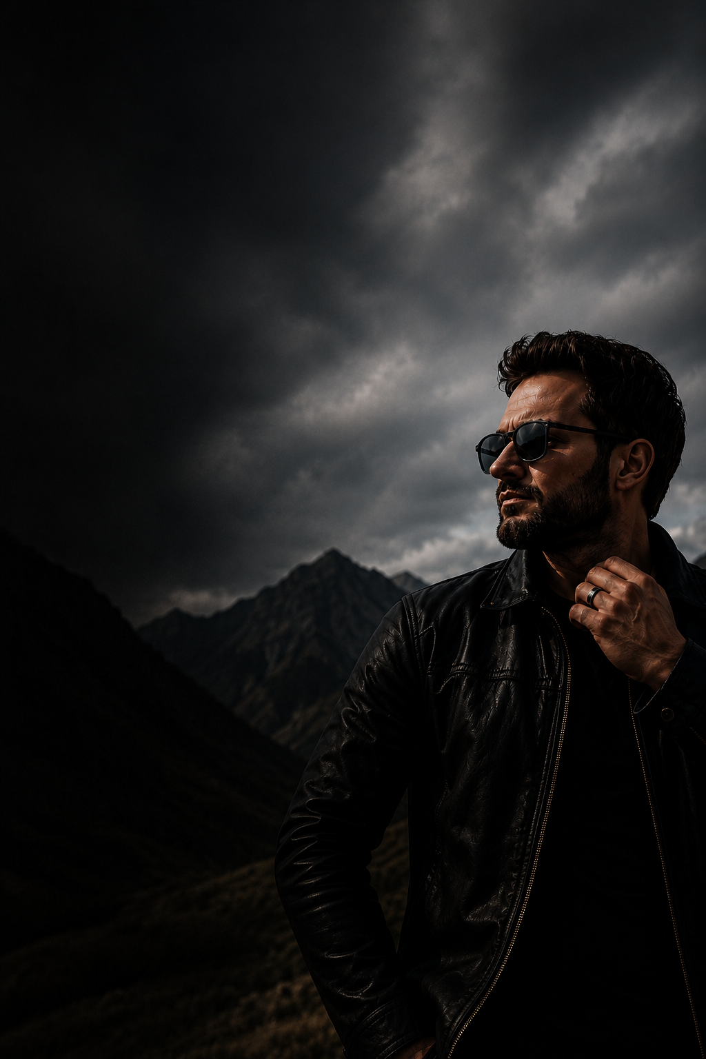 Moody cinematic portrait of a man wearing a black wedding band and leather jacket against a dark mountain landscape with stormy skies and rugged masculine styling.